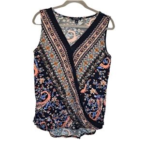Roz & Ali Paisley Floral BoHo Sleeveless Wrap Blouse Size Medium
